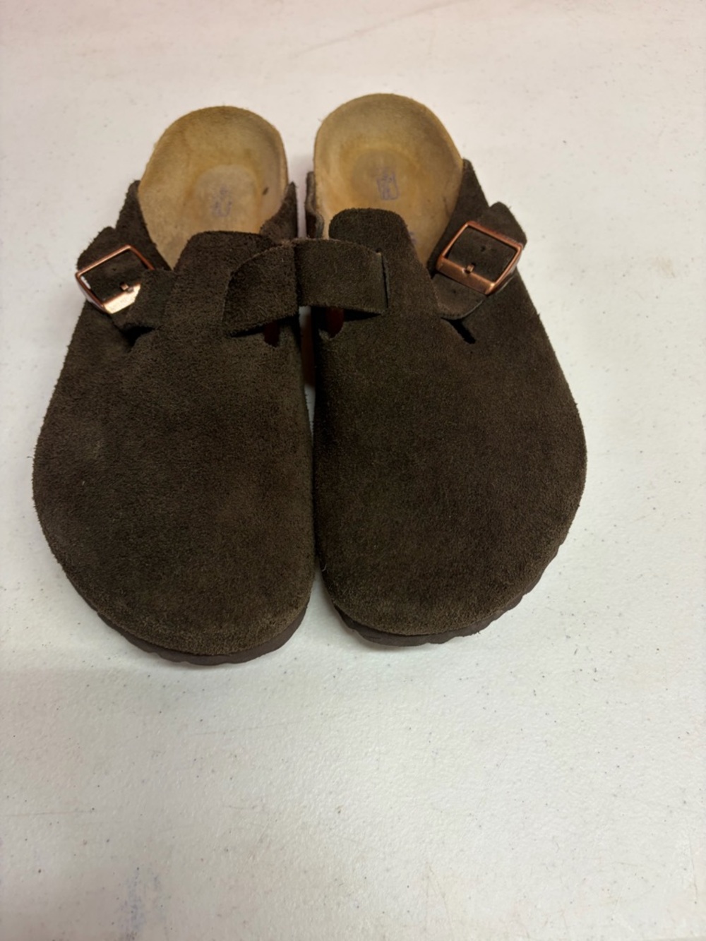 Birkenstock Brown Suede Clogs with Copper Buckles